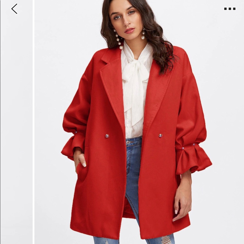 ‫Drop Shoulder Pearl Detail Ruffle Cuff Coat